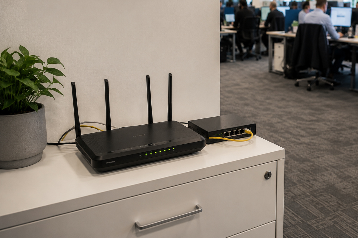 A business broadband router and network switch on a cabinet in an open plan office, patch cables connected and the link lights on, with colleagues working at desks behind