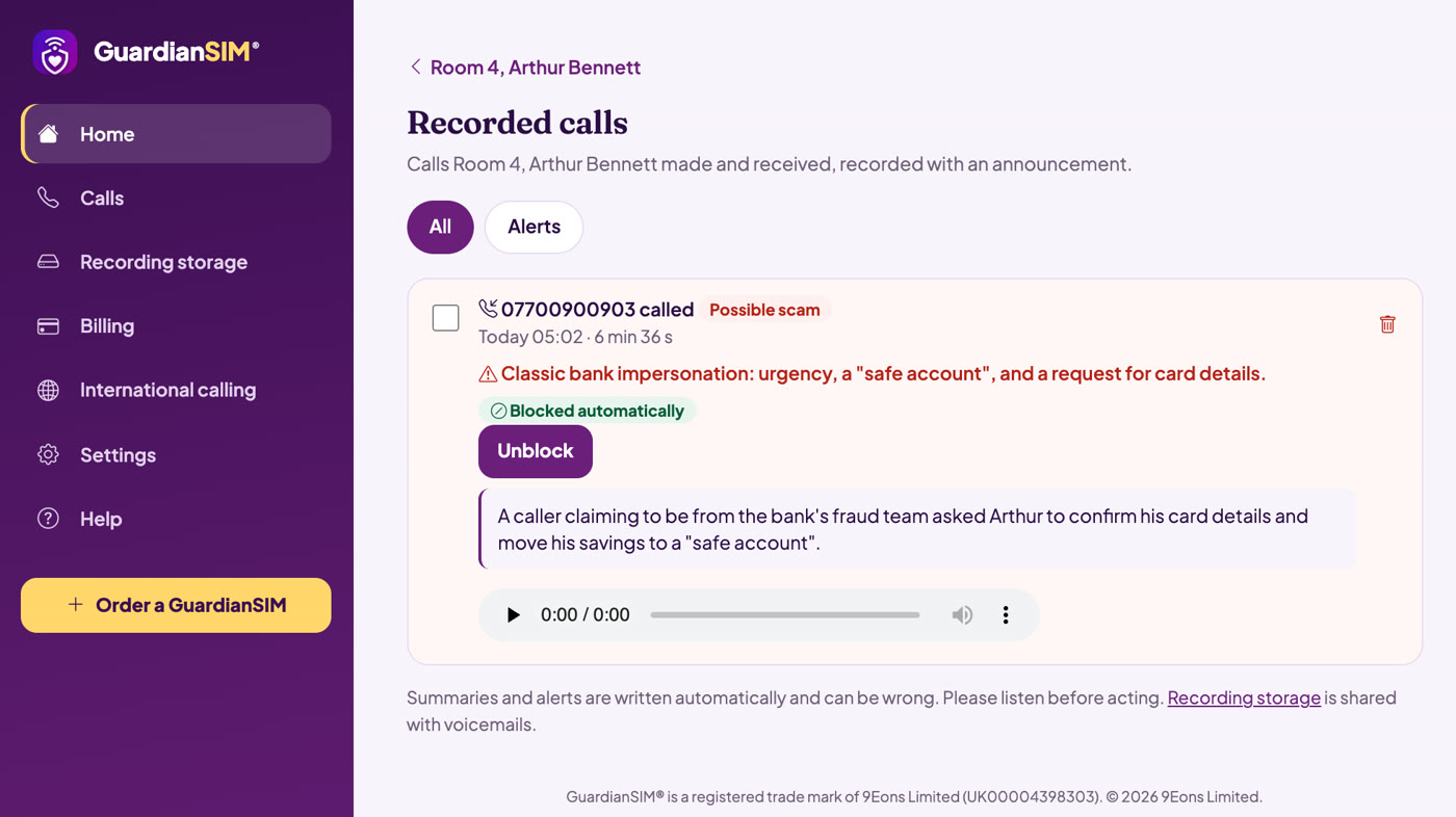 A recorded call flagged as a possible scam, with the reason, a summary and the number blocked