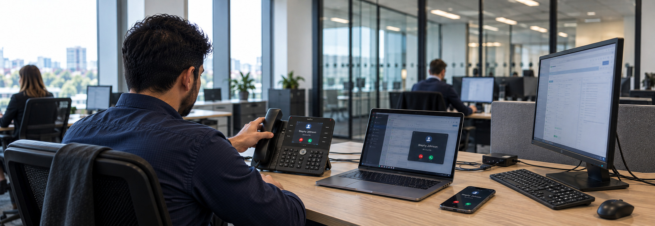 A manager taking a call on his desk phone at his office desk, with the same call ringing on his laptop and on his mobile beside it