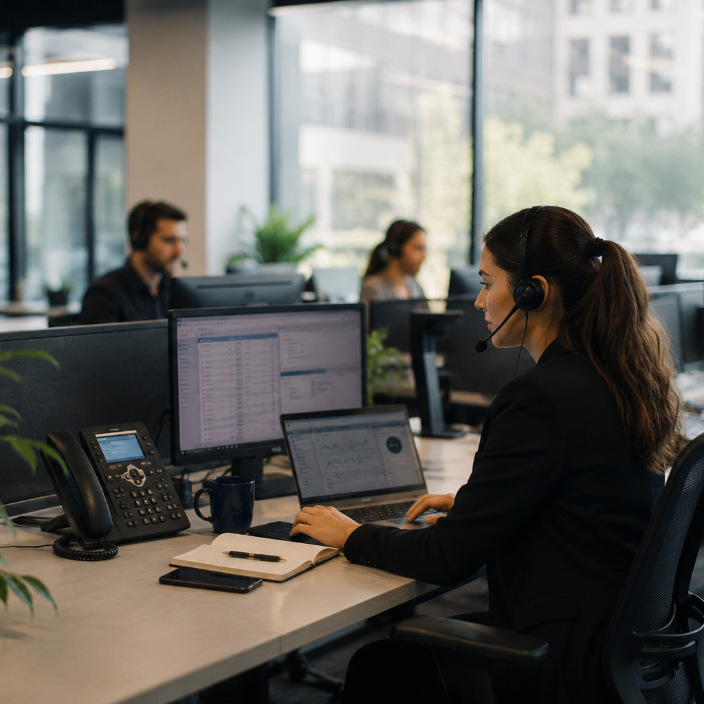 A team taking customer calls on TISA Cloud PBX headsets and desk phones in a UK office