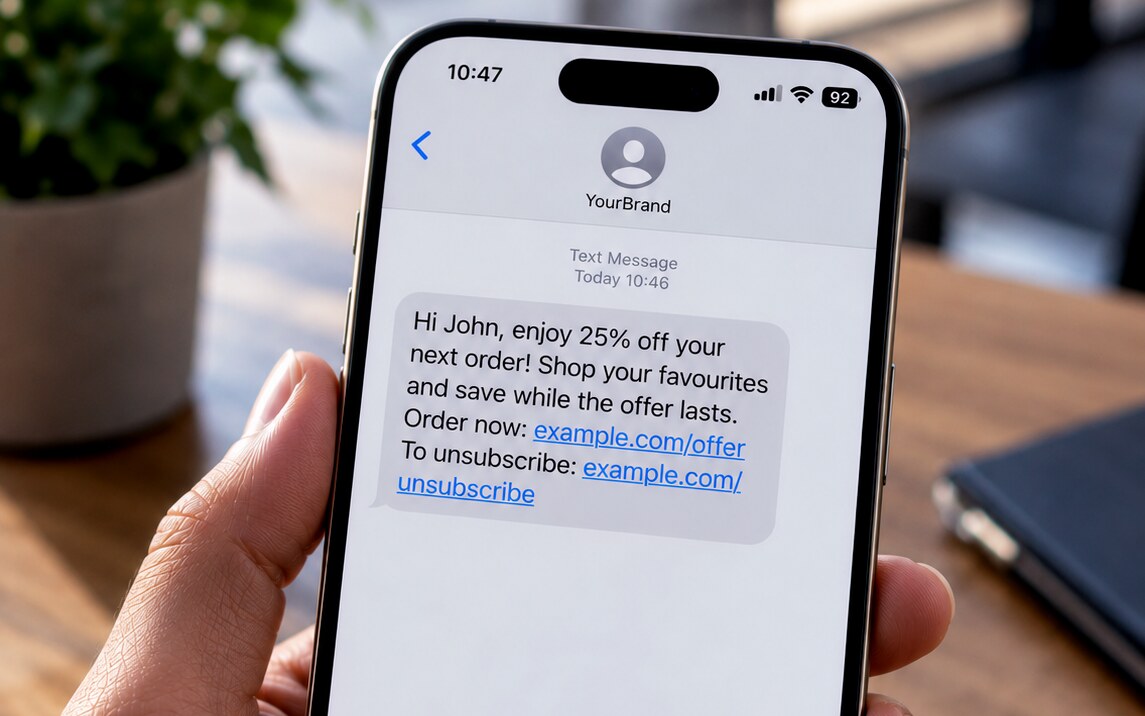 A customer reading a bulk SMS from a business on their phone, showing the sender name, the offer and an unsubscribe link