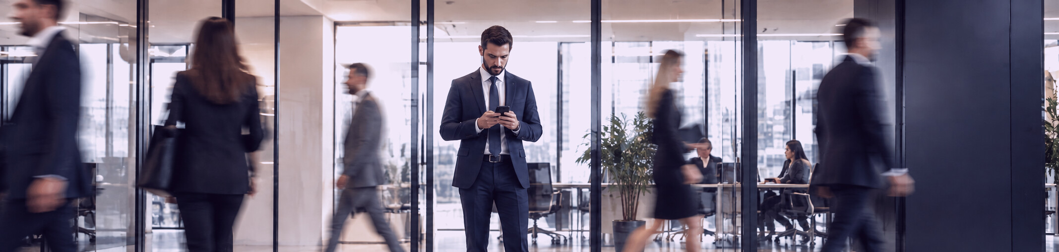 A businesswoman taking a call on her mobile phone outside a bright modern office