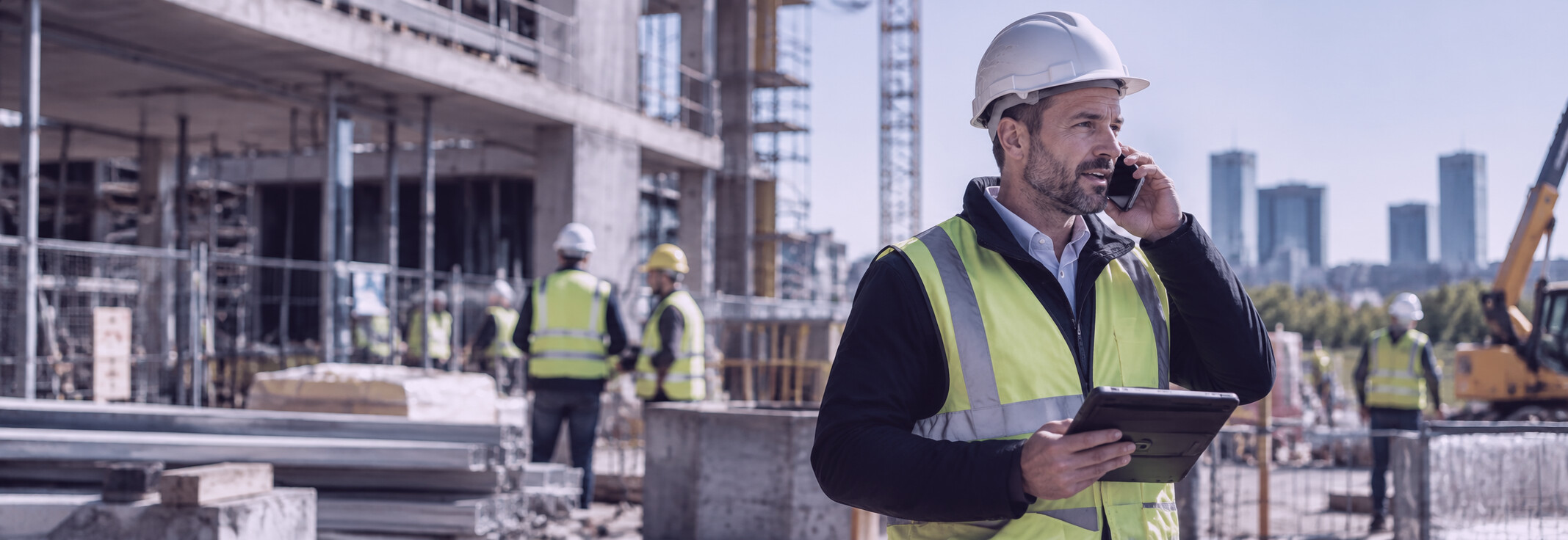 A site manager in a hi-vis jacket on a construction site, taking a call on his mobile with a tablet in his other hand