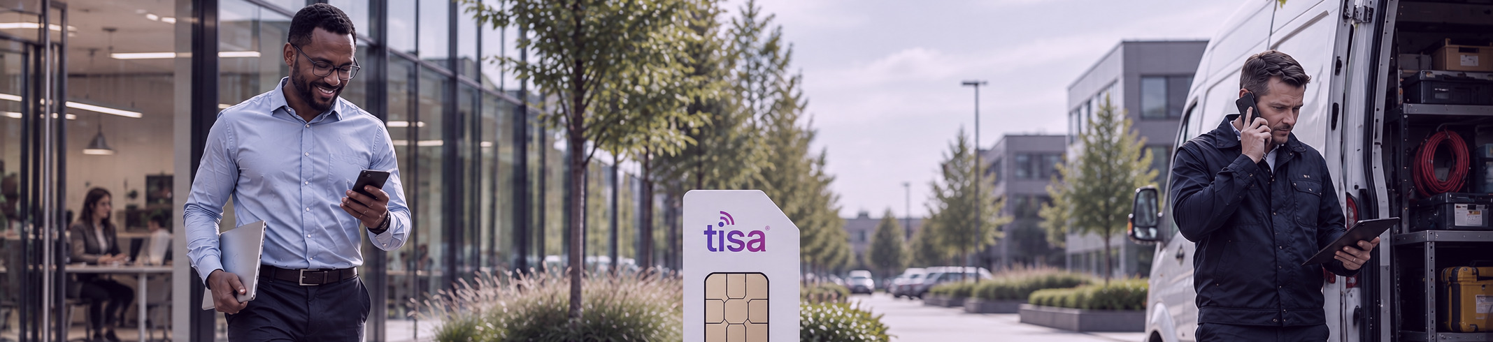 An office worker checking his mobile outside a business park and an engineer on a call beside his van, either side of a TISA business SIM card