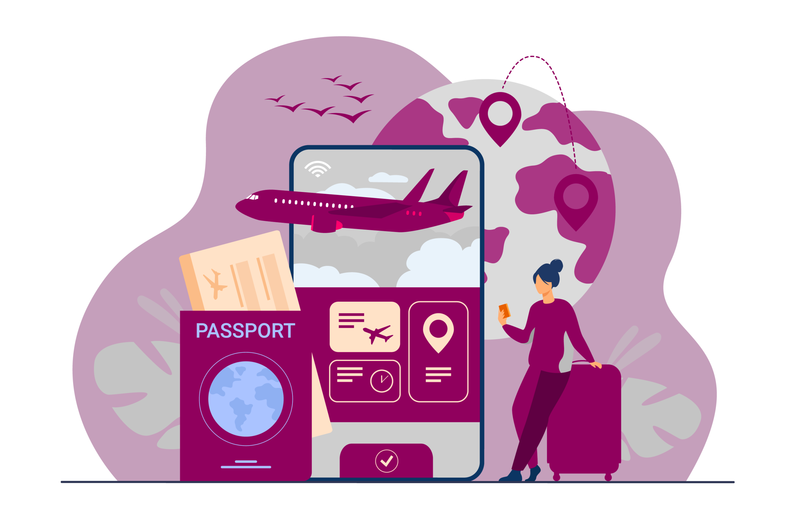 Traveller using mobile phone while overlooking city skyline